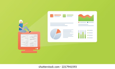 Trendy illustration with a green background, which depicts a girl sitting on an outdated computer monitor. A projection of a modern screen with a dashboard comes from the monitor. Dribble style.