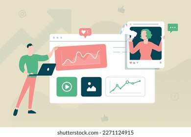 Trendy illustration with a green background, which depicts a guy with a laptop and a girl with a loudspeaker. Behind them hang the windows of dashboards with charts. Dribbble style.