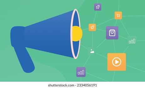 Trendy illustration with a green background, which depicts a loudspeaker and floating icons. Dribbble style.