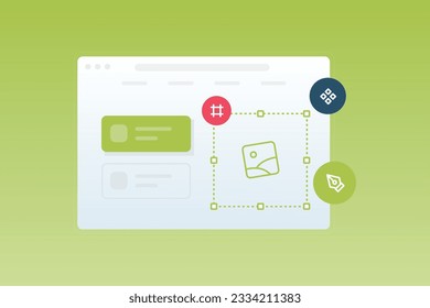 Trendy illustration with a green background, which shows an open browser window and floating icons related to web design. Dribbble style.