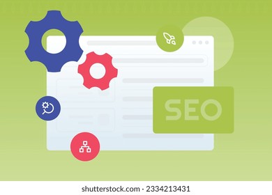 Trendy illustration with a green background, which shows a browser window, SEO, icons and gears. Dribbble style.