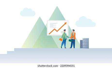 Trendy illustration with growth and performance report frame on light background. Two male workers shake hands.Against the background are elements of mountains, storage clouds and a database. Dribbled