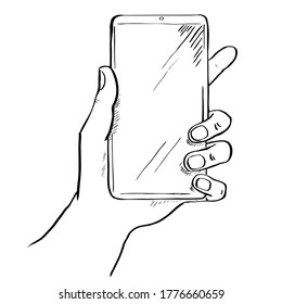 Illustration tendance de main tenant un smartphone. Illustration vectorielle isolée dessinée à la main. Convient pour le web, l'application et la bannière, la conception de cartes.