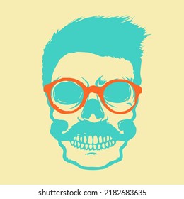Trendy illustration of hipster skull with beard, glasses, and haircut. on white background in retro design. Graphic sketch of tattoo design.
