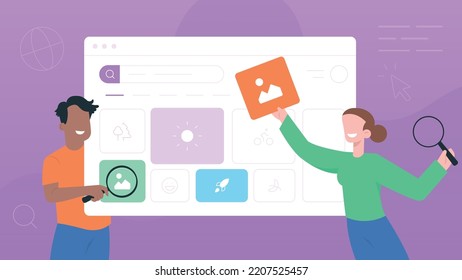 Trendy illustration with image search engine in browser window on purple background. Happy woman holding an image and a magnifier in her hands Happy man holding browser window and magnifier. Dribbled.