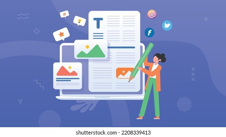 Trendy illustration of laptop on purple background. Frames with blog entries. The girl holds a pencil and edits the text. Social media icons, hashtag, idea, review. Dribble style.