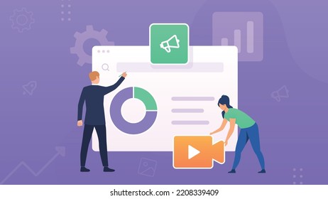 Trendy illustration with marketing team on purple background. Charts and schemes of growth. Media, content and SEO. The girl is holding a media icon. Man pointing at the piechart. Dribble style.
