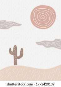 Trendy illustration. Minimalist background with a desert landscape theme. There are sun, clouds and cactus with beautiful pastel colors and abstract texture.