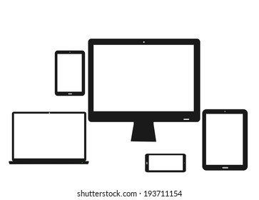 Trendy Illustration of mobile and computer devices with laptop, monitor screen, tablet, mini tablet and a smartphone