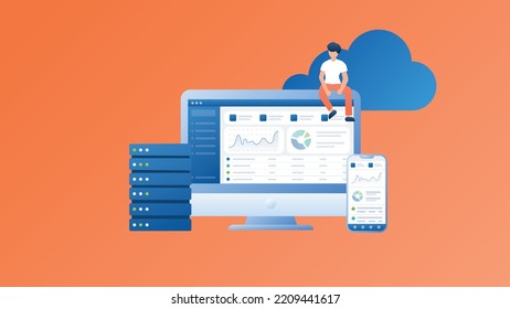 Trendy illustration with monitor and phone devices, database and storage cloud on orange background. Man sitting on a computer monitor. Dribble style.