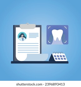 Trendy illustration on a blue background, which depicts objects from the dentist's workplace. Among them: a schedule, a printed profile of the doctor and an X-ray of the tooth. Dribble style.