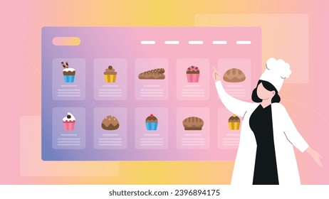 Trendfarbene Illustration auf hellem Hintergrund, wo ein Chefkoch seine Produkte auf dem Bildschirm eines Online-Shops zeigt. Dribble Style.