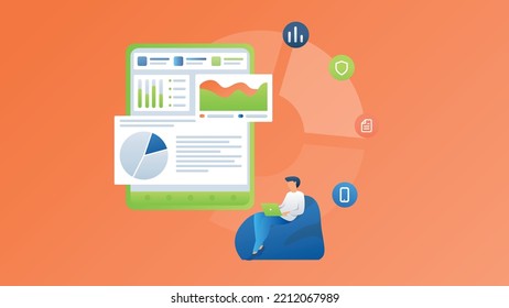 A trendy illustration with an orange background depicting a man sitting on a beanbag and working on a laptop. Above it hovers a green tablet with a dashboard on the screen and icons. Dribble style.