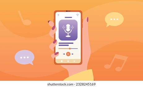 Ilustración de moda con un fondo naranja, que representa un teléfono en la mano de una mujer. Abre el reproductor de música en el teléfono, los símbolos de las notas musicales flotan alrededor. Estilo de guijarros.