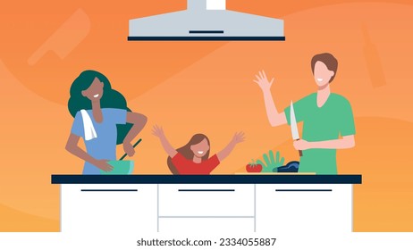 Trendy illustration with an orange background, in which a happy family is busy cooking dinner in the kitchen. Dribbble style.