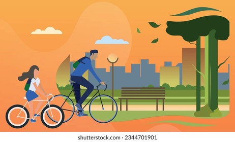 Trendy illustration with an orange background, which depicts a father and daughter riding bicycles in a city park. Dribble style.