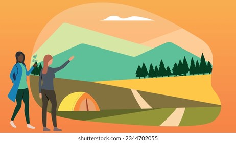 Trendy illustration with an orange background, which depicts two girls in front of autumn meadows. A yellow tent is set up not far from them. Dribble style.