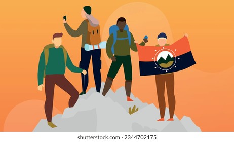 Trendy illustration with an orange background, which depicts a group of tourists climbing a mountain peak. One of the climbers is holding a flag. Dribble style.