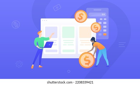 Trendy illustration of pricing in the browser window on a purple background. A man with a laptop shows pricing. The woman is holding a coin. Calculator on the background. Dribble style