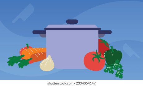 Trendy illustration with a purple background, which depicts a saucepan and vegetables: pepper, onion, tomatoes, carrots and greens. Dribbble style.