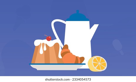 Trendy illustration with a purple background, which depicts a dessert still life: cake, croissant, lemon and a teapot of tea. Dribbble style.