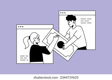Trendy illustration with a purple background, which depicts a money transfer between a guy and a girl using the Internet. Dribble style.