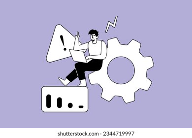 Trendy illustration with a purple background, which depicts an IT specialist who fixes bugs. Dribble style.