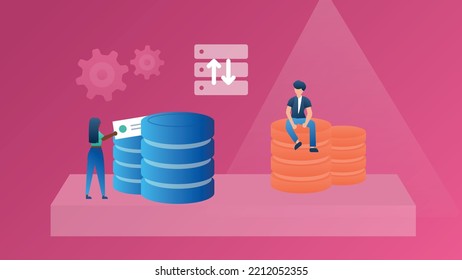 A trendy illustration with a red background depicting a man sitting on a server and a working woman. Gears and an icon hover above them. Dribble style.