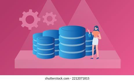A trendy illustration with a red background, which depicts a working girl in glasses with a laptop in her hands. Behind it are database servers and floating configuration items. Dribble style.