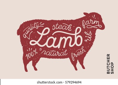 Trendy illustration with red lamb silhouette and words Lamb, fresh, steak, natural, farm. Creative graphic design for butcher shop, farmer market. Poster for meat related theme. Vector Illustration