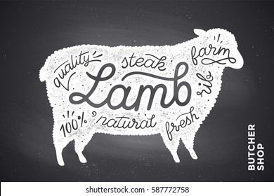 Trendy illustration with red lamb silhouette and words Lamb, fresh, steak, natural, farm. Creative graphic design for butcher shop, farmer market. Poster for meat related theme. Vector Illustration