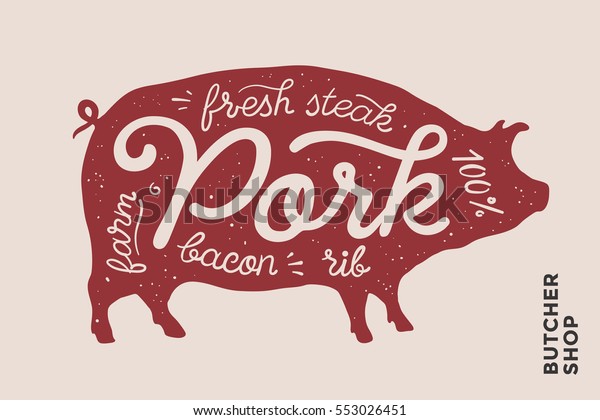 赤い豚のシルエットと豚肉 新鮮な肉 ステーキ ベーコン 農場 リブを文字にしたトレンディイラスト 肉屋 農家市場向けのクリエイティブデザイン 肉に関するテーマのポスター ベクターイラスト のベクター画像素材 ロイヤリティフリー
