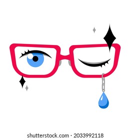 Trendy illustration of red sunglasses and blue eyes with stars and a blue tear on a chain. Stylized art on a white background