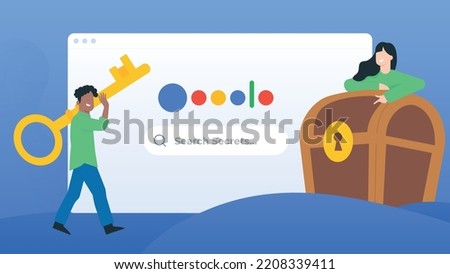 Trendy illustration of search secrets in a browser window on a blue background. Happy man holding a key. Happy woman points to a well in a chest. Discovering the secrets of the search engine. Dribbled