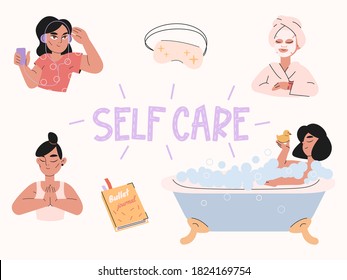 Trendfarbene Illustration von Selbstpflege-Aktivitäten. Schlafmaske, Bad, Hautpflege, Meditation, Kugeln. Schönheitsrituale und Planung. Selbstversorger-Konzept für Frauen. Cartoon, Vektorgrafik.