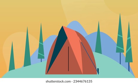 Trendy illustration showing camping in the mountains: pine trees and a red tent. Dribble style.