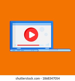 Trendy illustration of a smart computer for watching live video over the Internet on orange background, cartoon flat lay style. Video lessons icon concept.