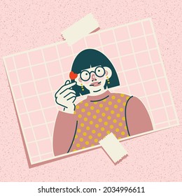 Trendy illustration with a snapshot on the wall. A cute girl makes a heart-shaped hand gesture. Vector postcard.