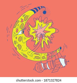 Trendy illustration of Solar energy. Happy moon cartoon with spacecraft image. Fantastic drawing of spaceship on bright backdrop. Fairytale vector clipart about space trip. Sunshine power concept.