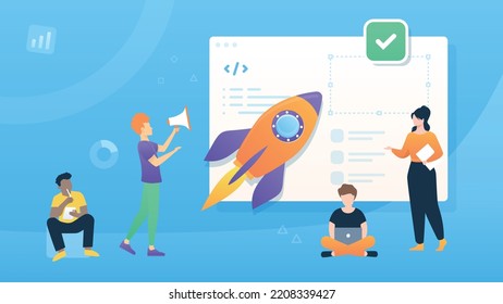 Trendy illustration with the team that develops the site. Steps to launch a website. A man comes up with an idea, then a marketing plan. Design, construction, website launch. Dribble style.