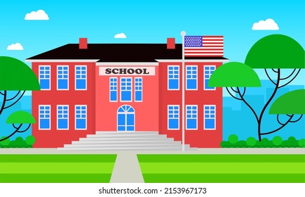 Trendy illustration of USA school for kids.  Beautiful clip-art of building.