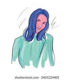 Trendy illustration vector outline of a girl with blue hair, lines