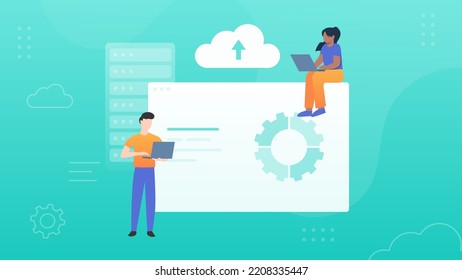 Trendy illustration of a website in a browser window on a blue background. A team of programmers with laptops are working on web hosting. Cloud with files and database. Dribble style.