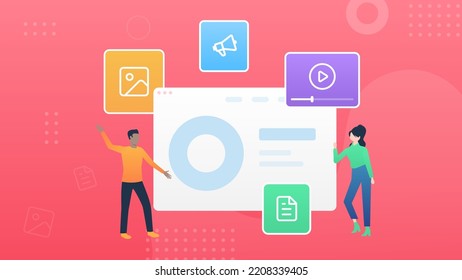 Trendy illustration of website builder with media upload on red background. File, image, marketing and video icons. A man and a woman are standing near the browser window. Dribble style.