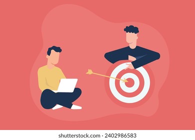 Trendy Illustration, which depicts employees of the marketing department: one is working with a laptop, the second indicates goals. Dribble style.