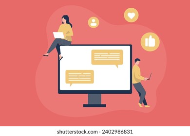 Trendy Illustration, which depicts a guy and a girl who communicate over the Internet. Their correspondence is displayed on a large monitor. Dribble style.