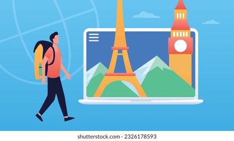 Trendy illustration, which depicts a male traveler with a backpack in front of a laptop, shows mountains, Big Ben and the Eiffel Tower on the screen. Dribble style