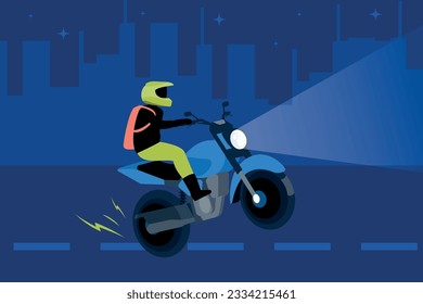 Trendy illustration, which depicts a motorcyclist riding at full speed through a night city. Dribbble style.