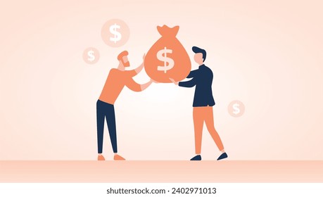 Trendy Illustration, which depicts two guys who are fixing profits - holding a giant bag of money in their hands. Dribble style.