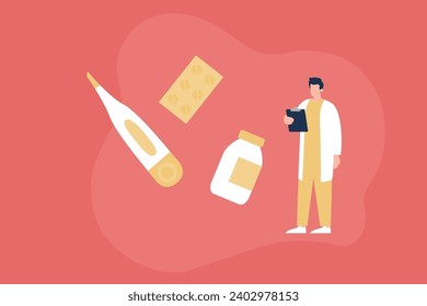 Trendy Illustration, which shows a doctor studying the patient's tests, a thermometer, pills and a jar of medicines hovering in the air next to him. Dribble style.